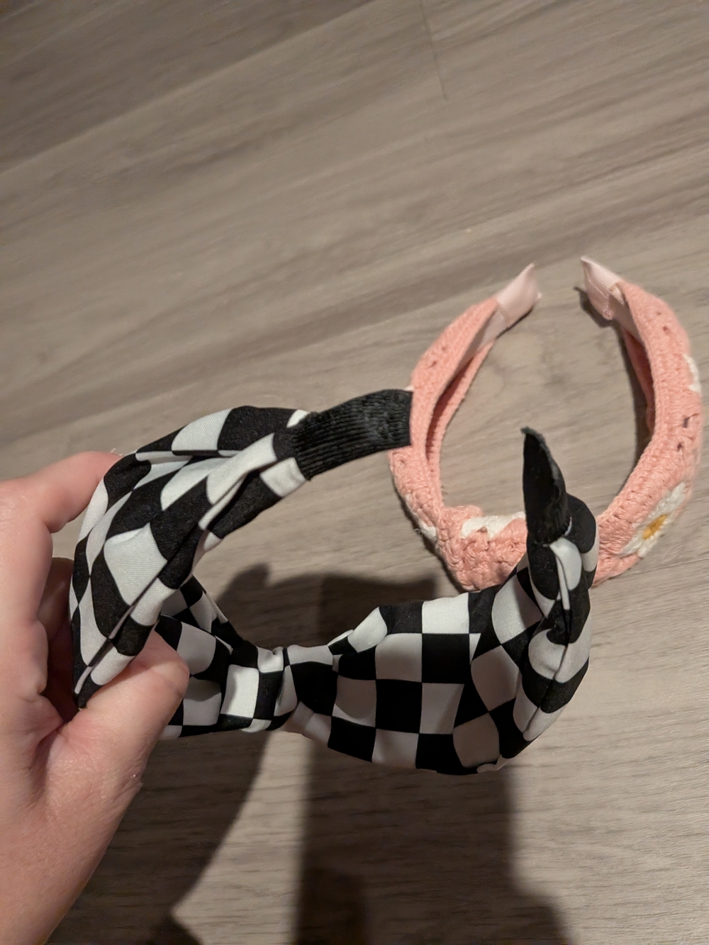 Black & White Checkered and Pink Daisy Crochet Headbands - Set of 2
